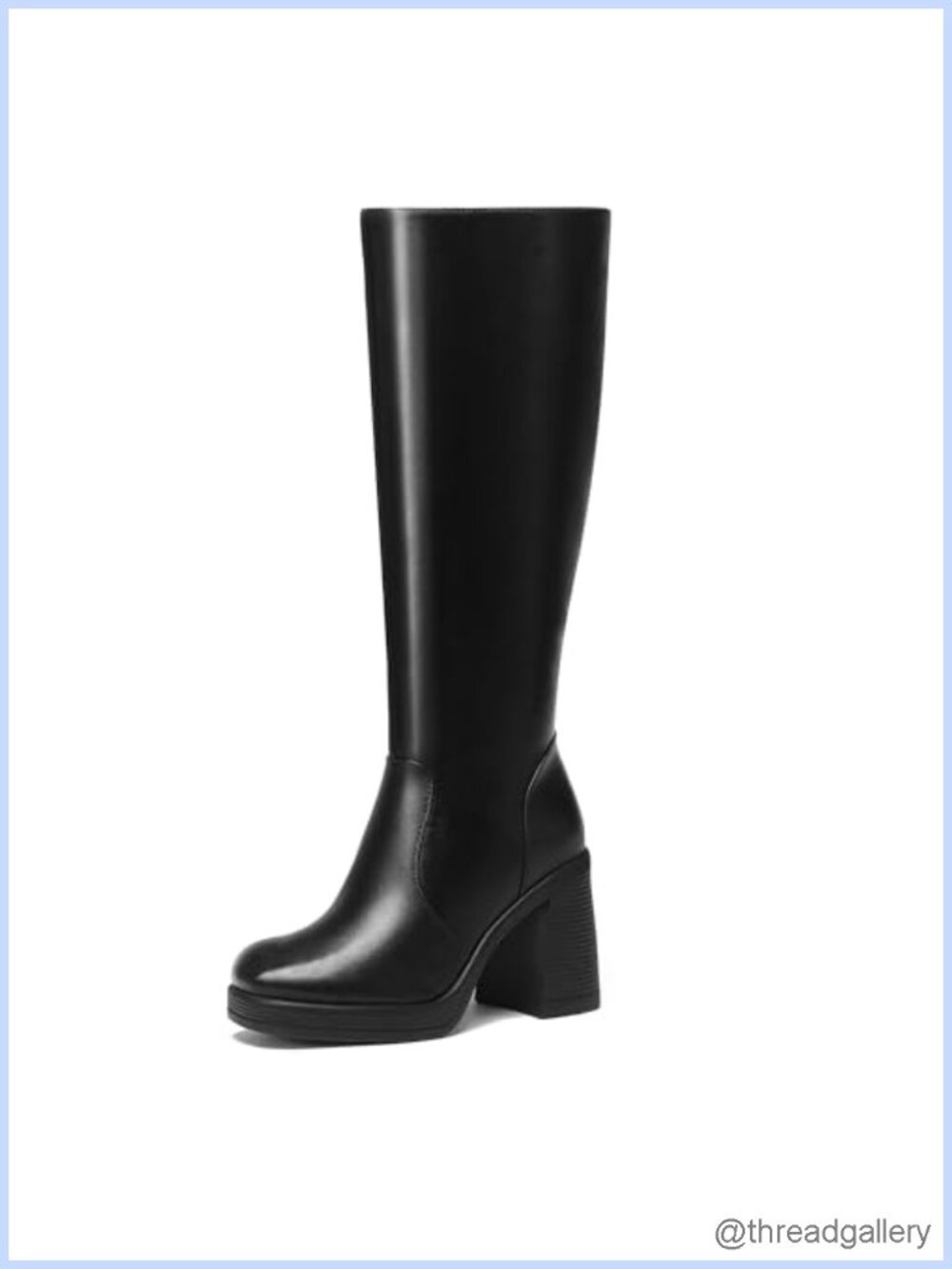 Knee High Boots Women Faux Leather Square Toe Block Heel Platform Side Zip